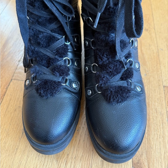 Nine West Black Faux Fur-Lined Leather Look Upper Combat Boots - Picture 2 of 9